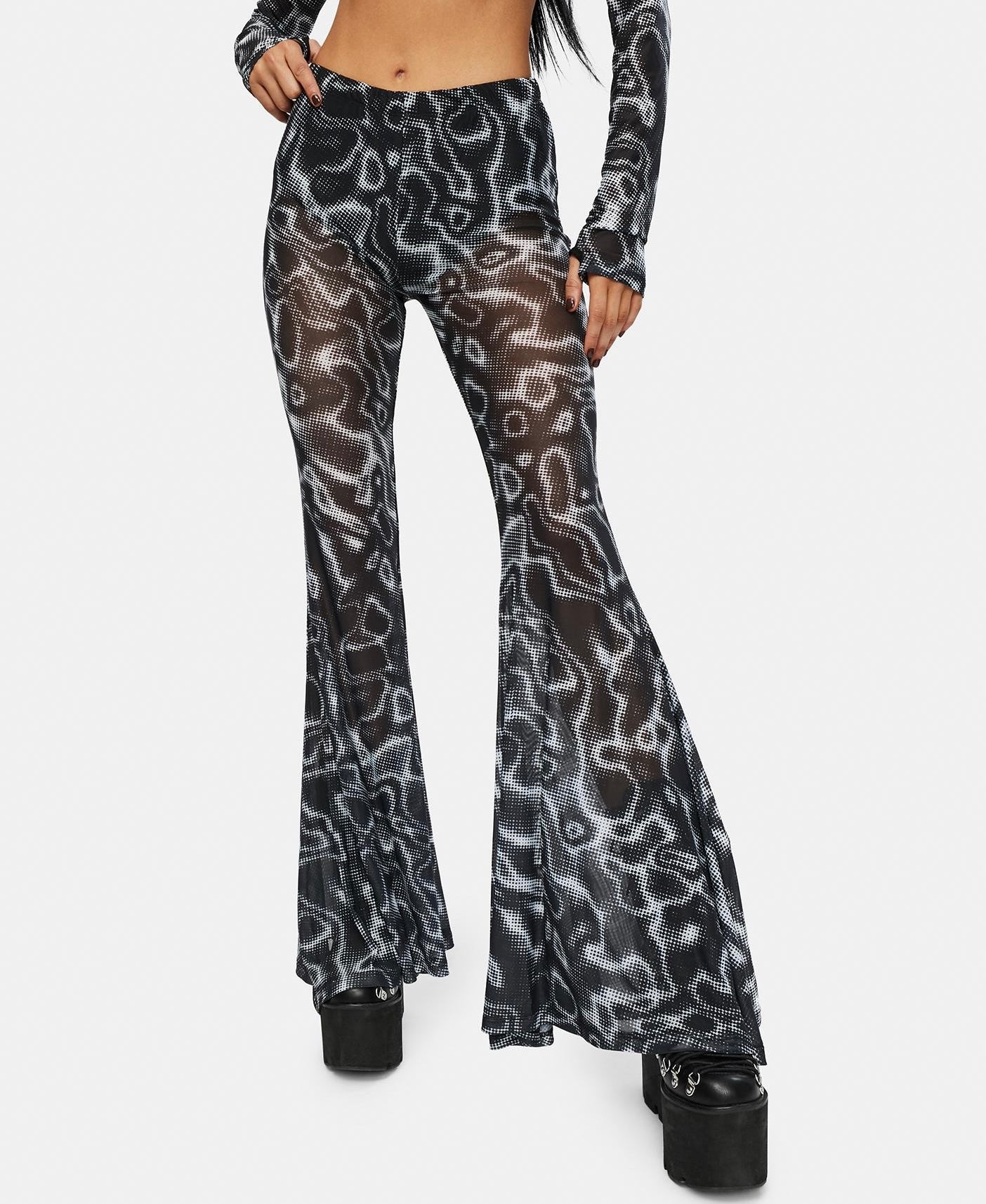 Water Marble Sheer Mesh High Waisted Flares - Black