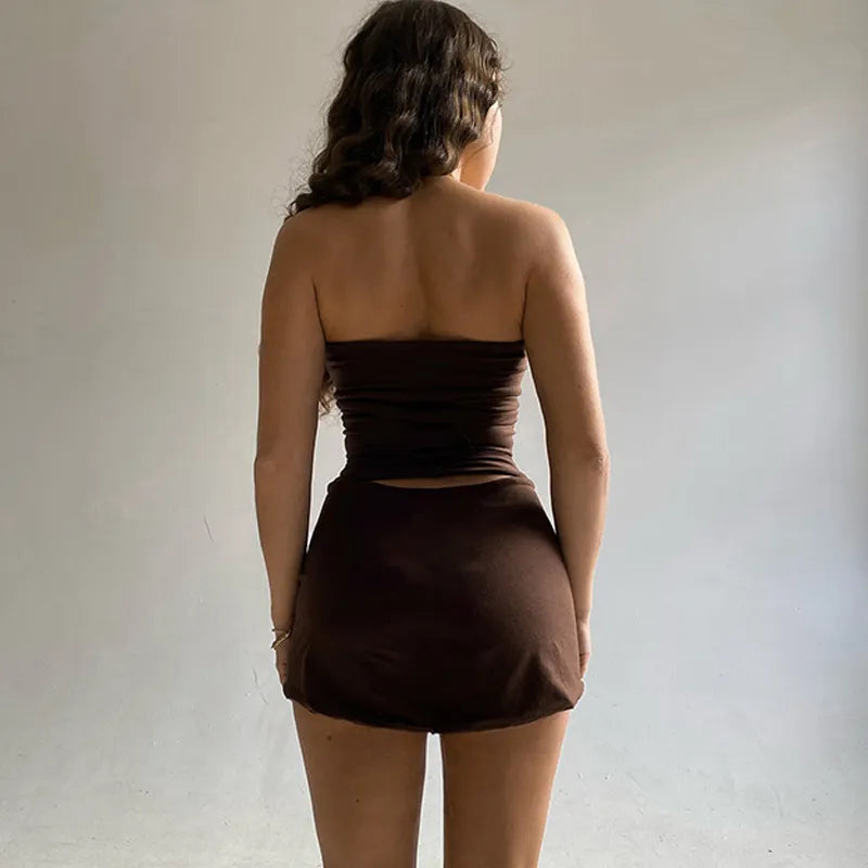 Bandeau Crop Top & Mini Skirt 2 Piece Matching Set - Brown