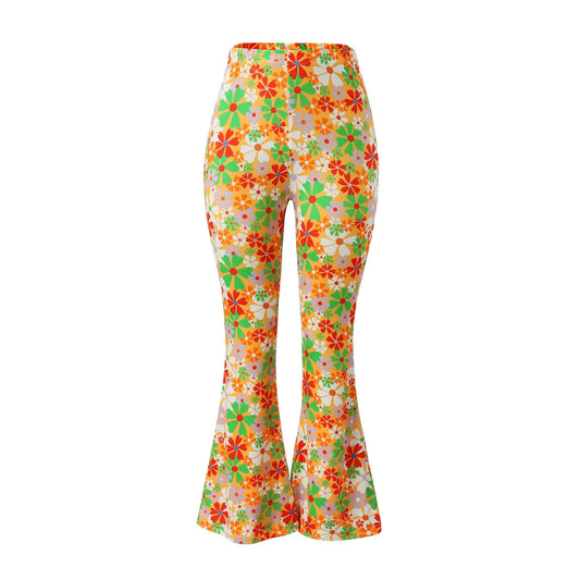 70's Wallpaper Floral Print Flared Trousers - Green & Orange