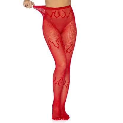 Flame Pattern Fire Fishnet Tights - Red