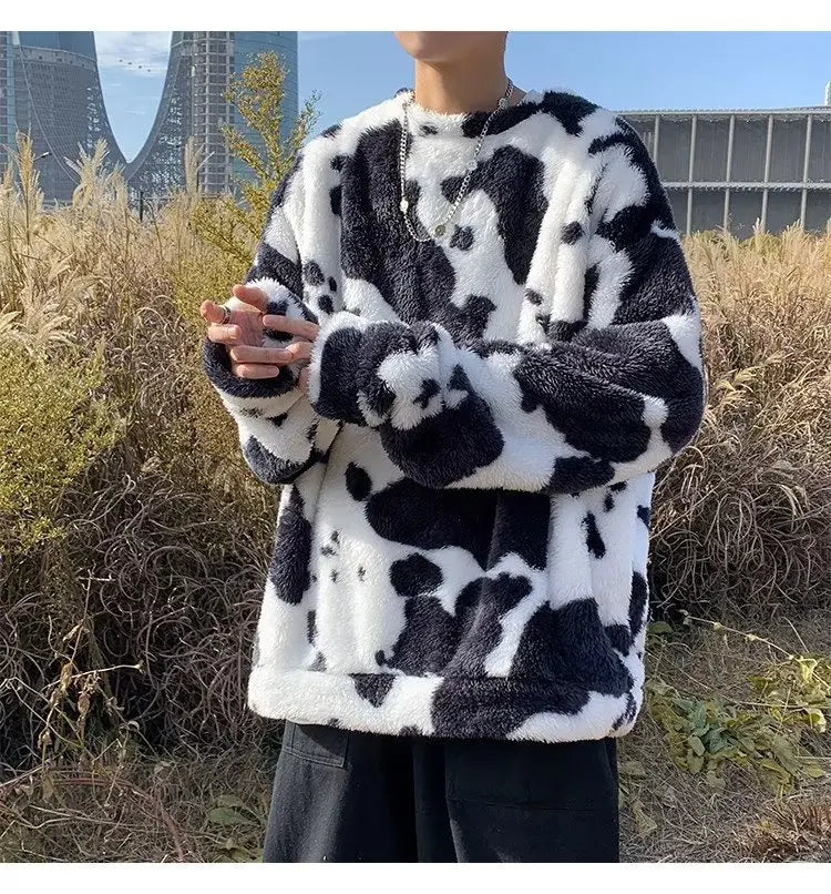 Cow Print Plush Unisex Sweater / Jumper - Black