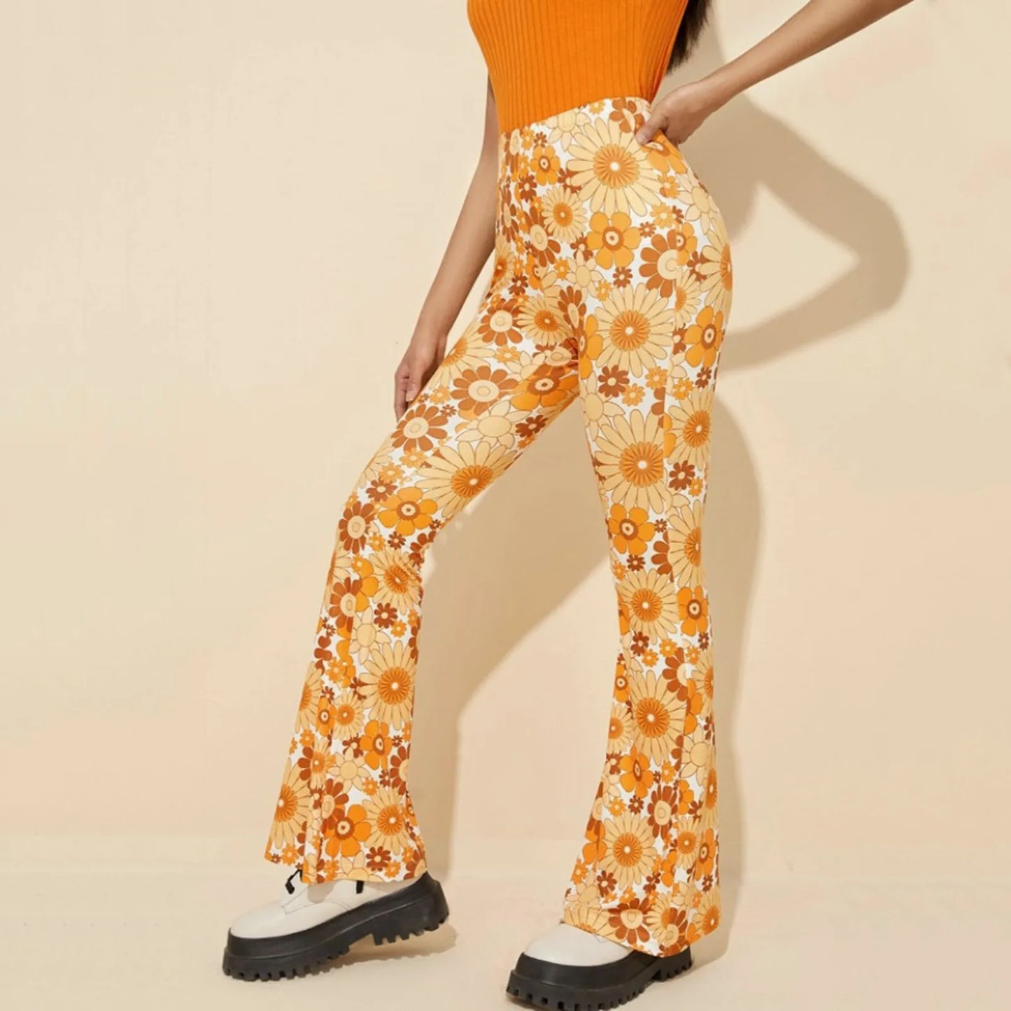 70's Wallpaper Floral Print Flared Trousers - Orange