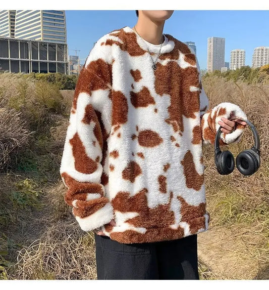 Cow Print Plush Unisex Sweater / Jumper - Brown