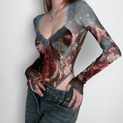 Renaissance Painting Long Sleeve Mesh Bodysuit