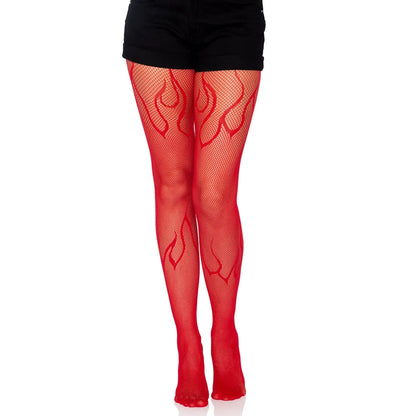 Flame Pattern Fire Fishnet Tights - Red