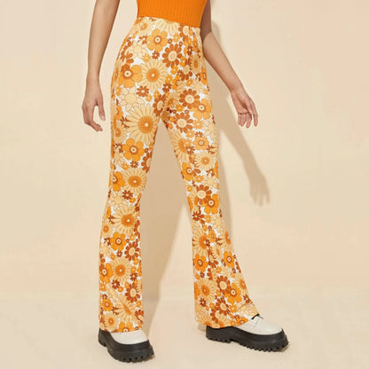 70's Wallpaper Floral Print Flared Trousers - Orange