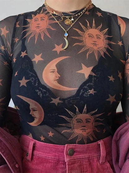 Sun Moon & Stars Mesh Long Sleeve Top - Black